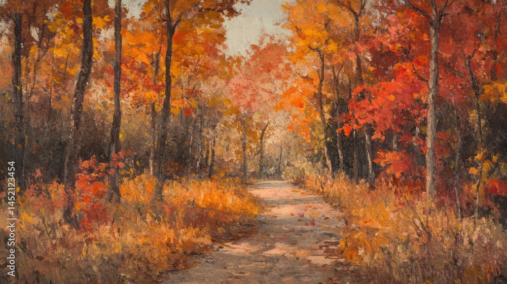Fototapeta premium A painted landscape with a path through a forest in full autumn colors.
