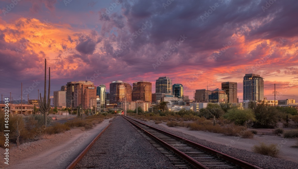 Fototapeta premium Capture Desert City's Skyline at Dusk, Buildings Glow Under Colorful Sunset, Reflecting Off Train Tracks