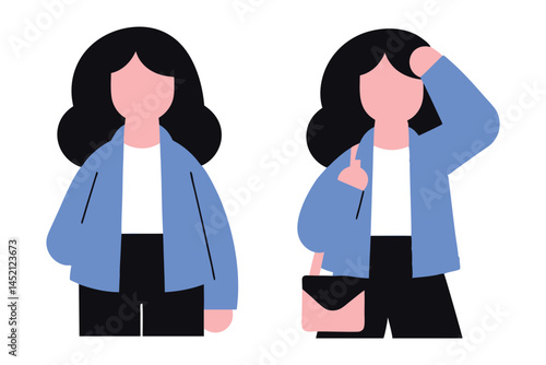 Two Flat-Style Illustrations of a Young Woman in a Blue Jacket One Relaxed, One with Hand on Head