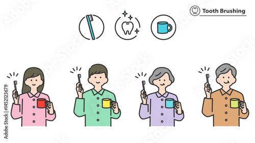 ハミガキをする老若男女の人物セット