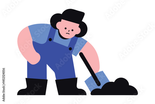 A farmer diligently working the land, using a shovel to cultivate the soil.