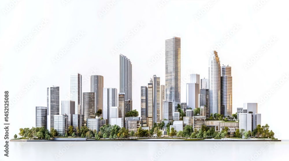 Fototapeta premium Detailed city model featuring skyscrapers and green landscape elements.
