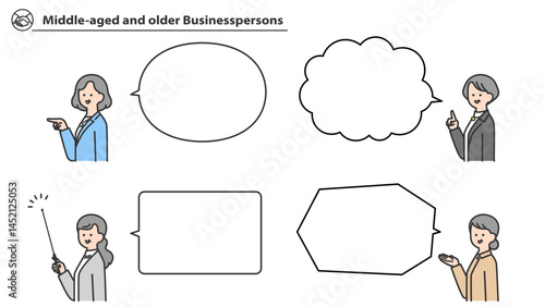 中高年のビジネスパーソン　吹き出しつき表情とポーズのバリエーション　セット