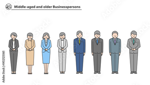 中高年のビジネスパーソン　全身アバターイラスト素材セット