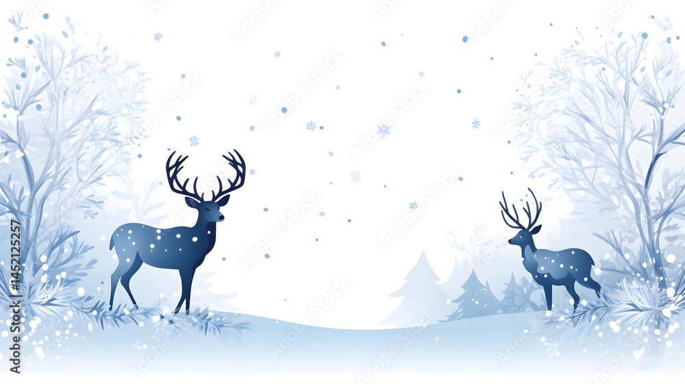Festive New Year Christmas Card Design with Deer, Snowflakes; Elegant 3D Illustration for Holiday Greetings Festive New Year Christmas Card Design with Deer, Snowflakes; Elegant 3D Illustration for Holiday Greetings