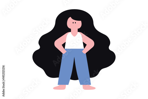 Confident Woman with Long Black Hair in Casual Clothes - Flat Vector Illustration
