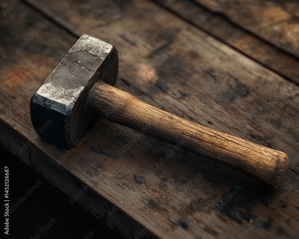 Blacksmith hammer on wooden workbench Blacksmith hammer on wooden workbench