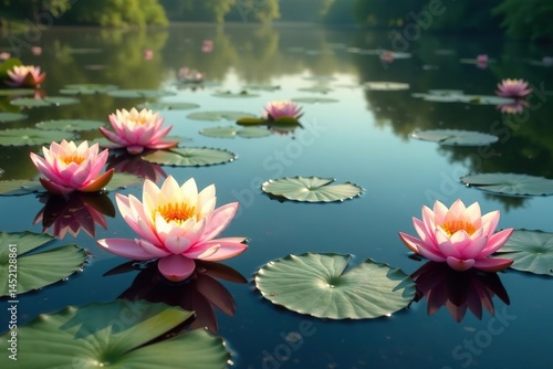 Water lilies forming a floral pattern across still lake, lake, floral, texture