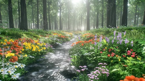 Forest stream through colorful wildflower meadow landscape