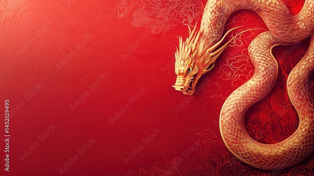 Obraz premium Golden dragon on red background. Traditional Chinese dragon illustration.