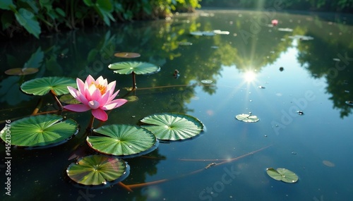 Intricate floral pattern of water plants reflected in still lake water, background, blossom, plants