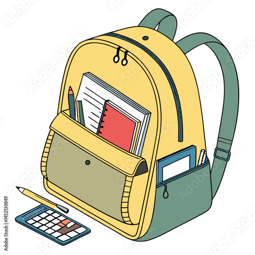 Yellow Backpack with School Supplies and Calculator

