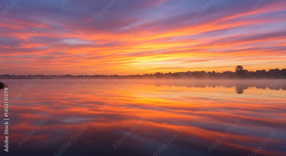Naklejka premium Sunset reflection on the water in stunning orange and purple colors