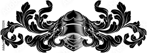 Coat of arms crest knight family medieval shield heraldry heraldic armorial motif. Featuring a knights helm helmet in a vintage etching engraving woodcut style