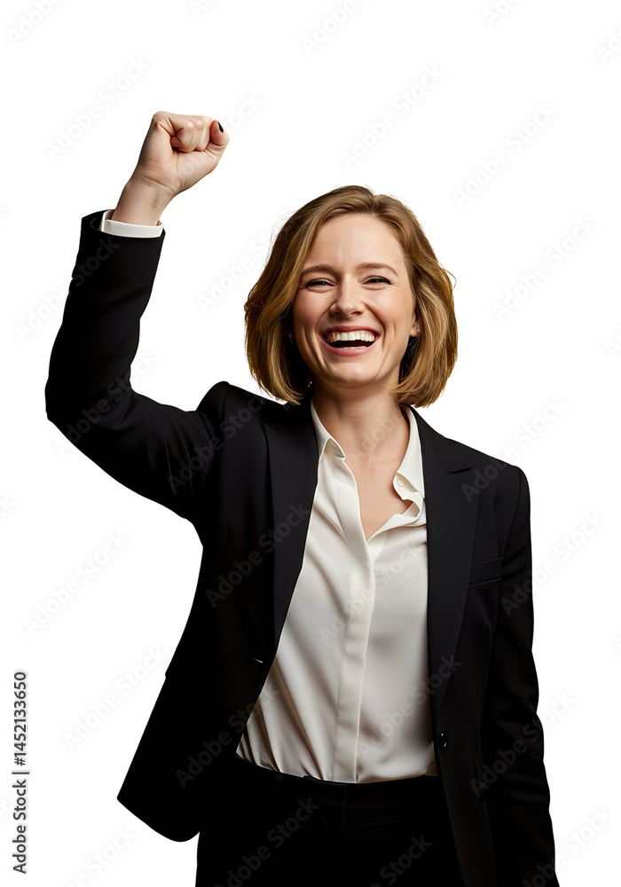 A smiling businesswoman raising a fist in celebration, isolated A smiling businesswoman raising a fist in celebration, isolated