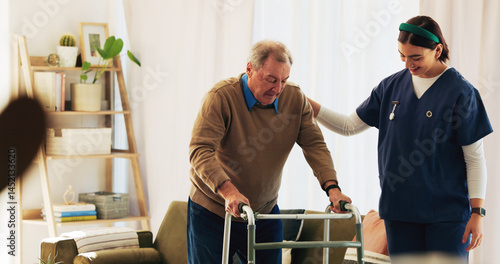 Fotografie Caregiver, elderly man and help with walker for mobility, balance support and rehabilitation