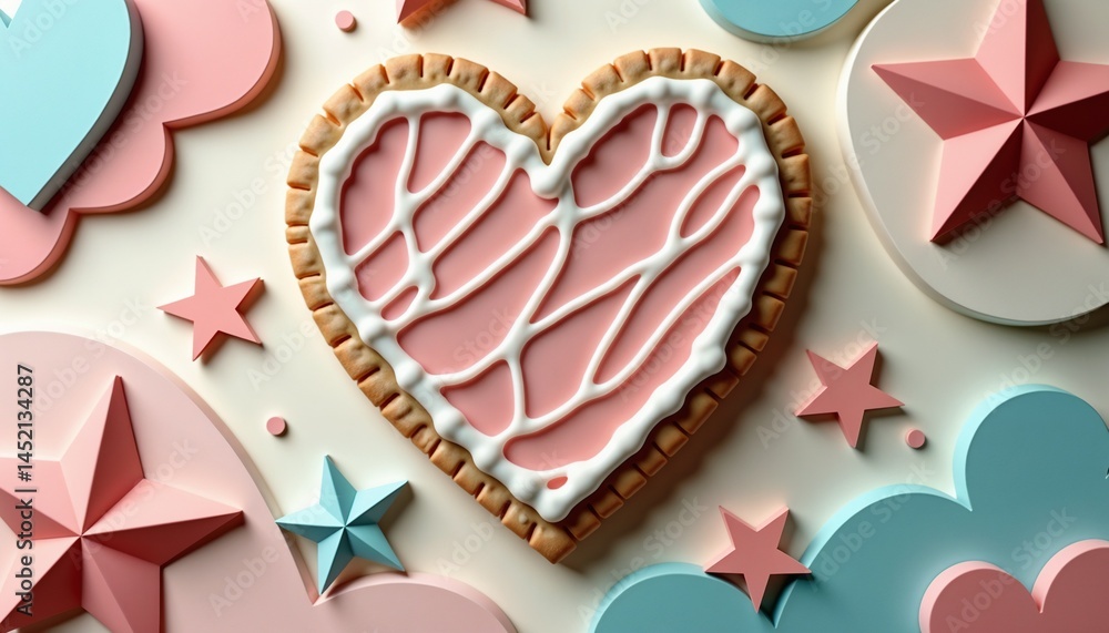 Whimsical heart-shaped decorated cookie in light pink and pastel colors representing celebration or romance Whimsical heart-shaped decorated cookie in light pink and pastel colors representing celebration or romance