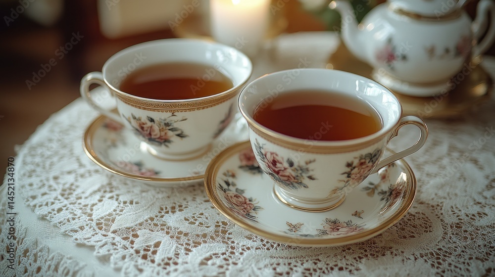 Two teacups of tea on lace tablecloth with teapot. Two teacups of tea on lace tablecloth with teapot.