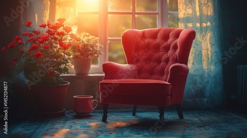 Red armchair by window with sunlight, flowers, and teacup.