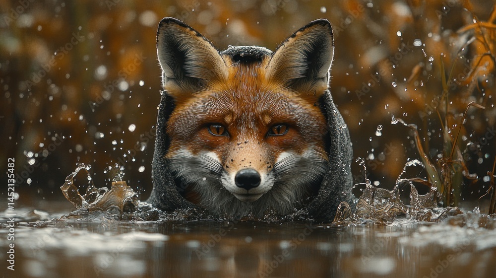 Fototapeta premium Red fox with grey hoodie emerging from murky water, autumn leaves falling.