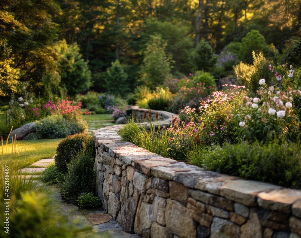 Serene Garden Pathway, Stone Wall, Blossoming Flowers, Lush Greenery, Tranquil Landscape, Evening Sunlight Serene Garden Pathway, Stone Wall, Blossoming Flowers, Lush Greenery, Tranquil Landscape, Evening Sunlight