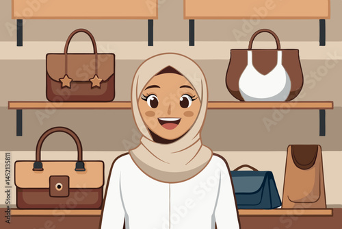 A smiling Muslim woman wearing a hijab stands proudly as the owner of a retail store, surrounded by stylish handbags and accessories