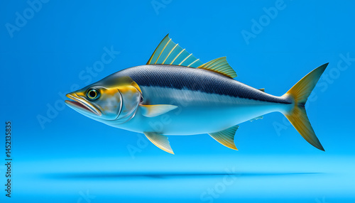 Fresh fish dorado on blue background, isometry. with white shades