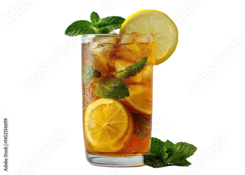 Glass of iced tea with lemon slices and mint leaves, ice cubes, isolated on transparent background, drink, beverage, refreshment.
