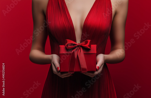Photograph of an elegant woman in a red dress holding a gift box with a ribbon, isolated against a solid color background.