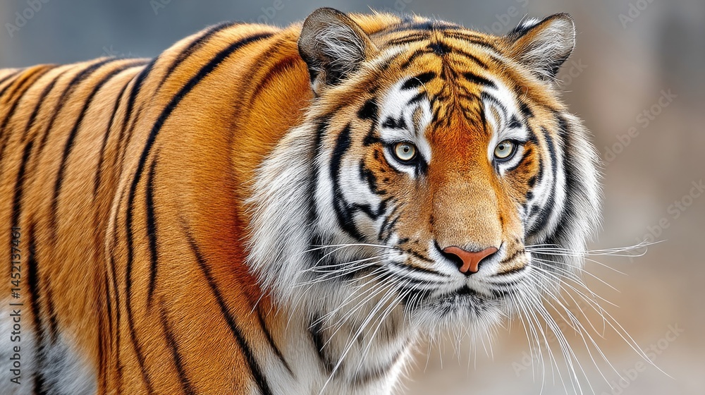 Naklejka premium Majestic tiger with striking orange and black stripes observes its surroundings on a white background