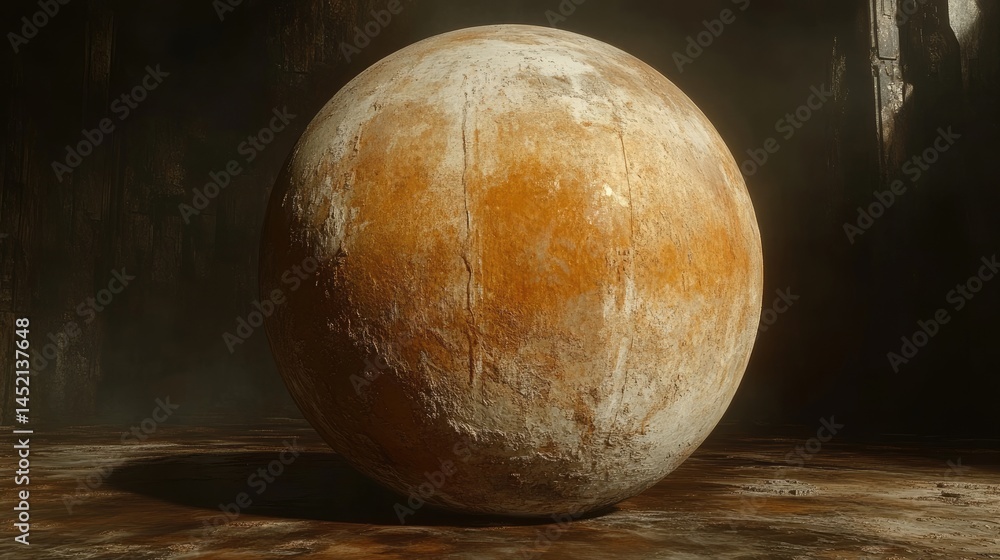 Fototapeta premium Rusty, weathered sphere in a dimly lit space