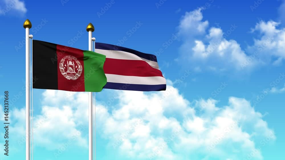 Waving flags of AFGHANISTAN and COSTA RICA on pole included with alpha channel Waving flags of AFGHANISTAN and COSTA RICA on pole included with alpha channel