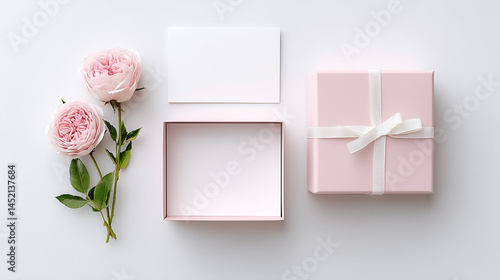 3w Elegant flat lay of Mother’s Day gift box, greeting card, and blooming roses
