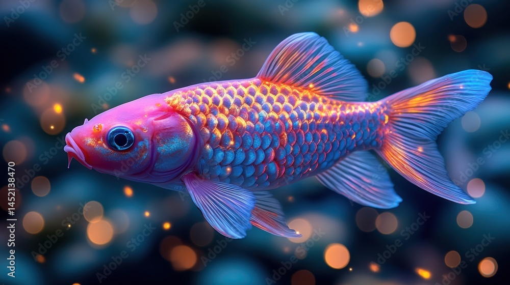 Fototapeta premium Vibrant pink and orange Koi fish swimming in dark blue water with bokeh lights.