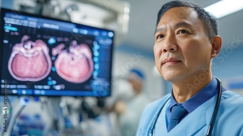 Medical professional observing advanced imaging results in a modern healthcare setting during a diagnostic examination