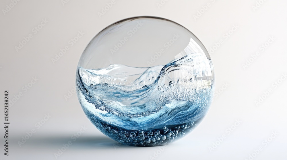 Glass sphere containing clear water waves and bubbles creates a mesmerizing visual effect against a white background Glass sphere containing clear water waves and bubbles creates a mesmerizing visual effect against a white background
