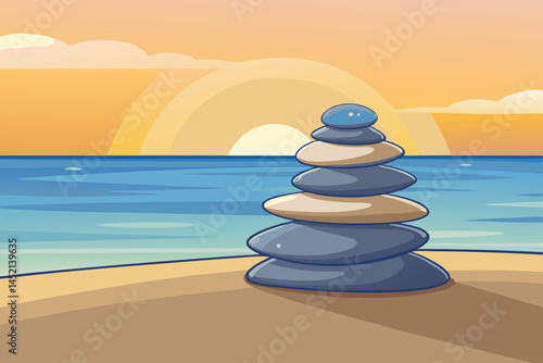 A balanced stack of smooth river stones in a peaceful beach setting with sunset over tranquil waters and soft sand