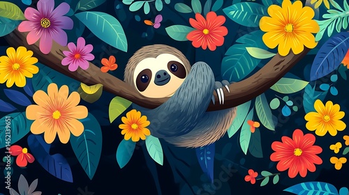 Sloth Hanging Tropical Flowers. (2)