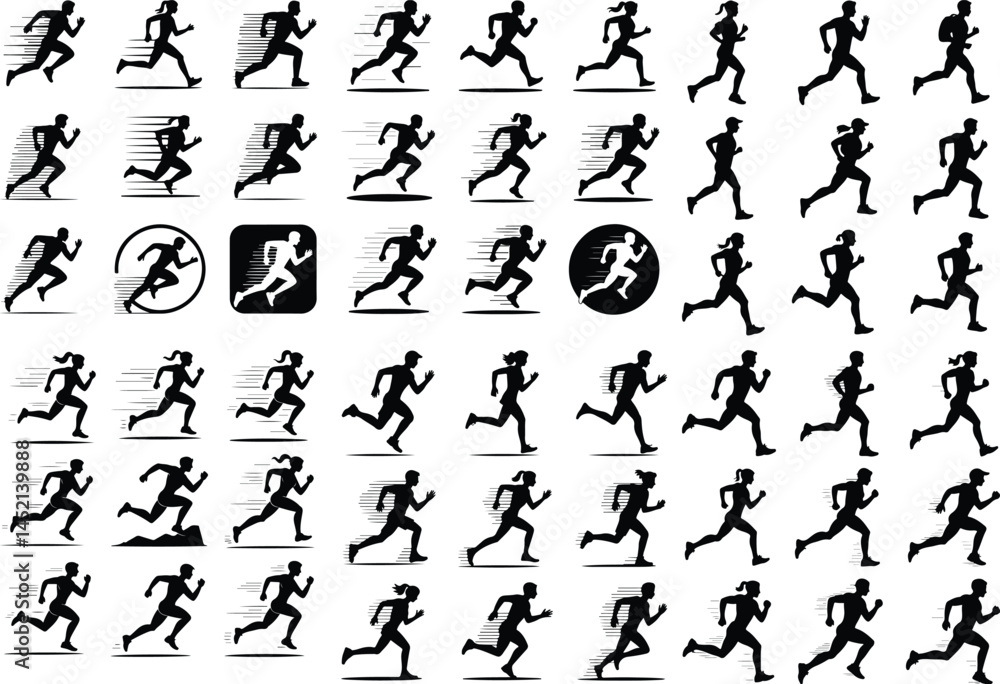Naklejka premium Running Men and Women Silhouette Set | Fitness & Jogging Icons Athlete Runner Silhouettes | Jogging & Sprinting Vector Set