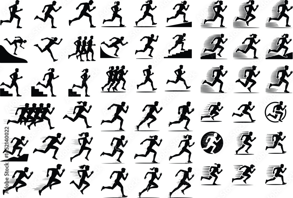 Naklejka premium Running Men and Women Silhouette Set | Fitness & Jogging Icons Athlete Runner Silhouettes | Jogging & Sprinting Vector Set