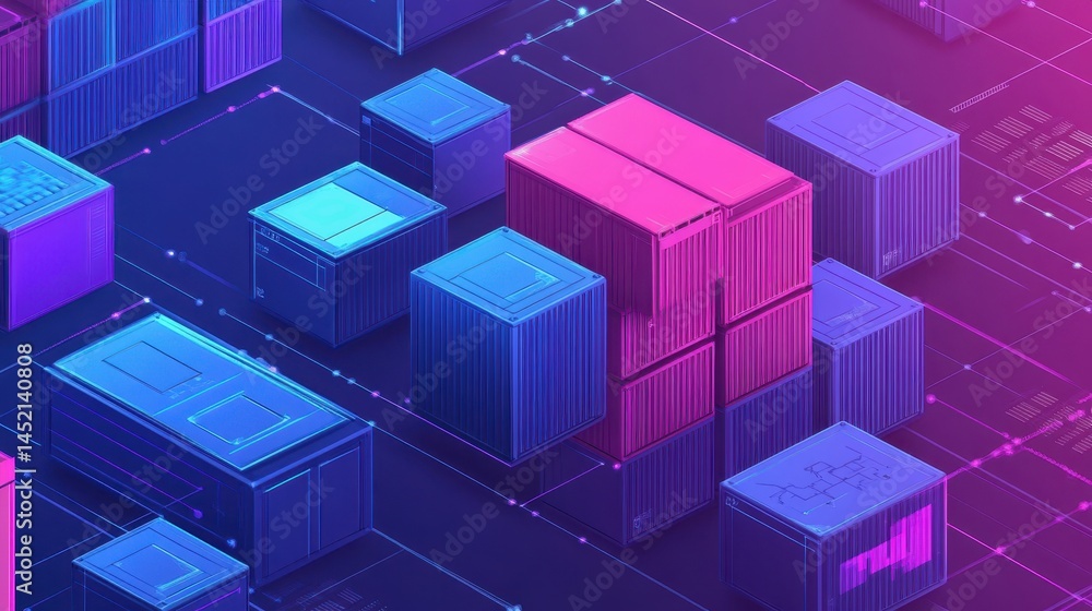 The image illustrates container orchestration platforms in a data center, featuring Kubernetes clusters managing and automating containerized applications with advanced AI technology. The image illustrates container orchestration platforms in a data center, featuring Kubernetes clusters managing and automating containerized applications with advanced AI technology.