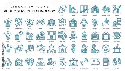 Vector set of thin linear 50 icons, related to public service technology for intelligent urbanism, smart city and urban development. Mono line pictograms and infographics design elements.by kus wandok