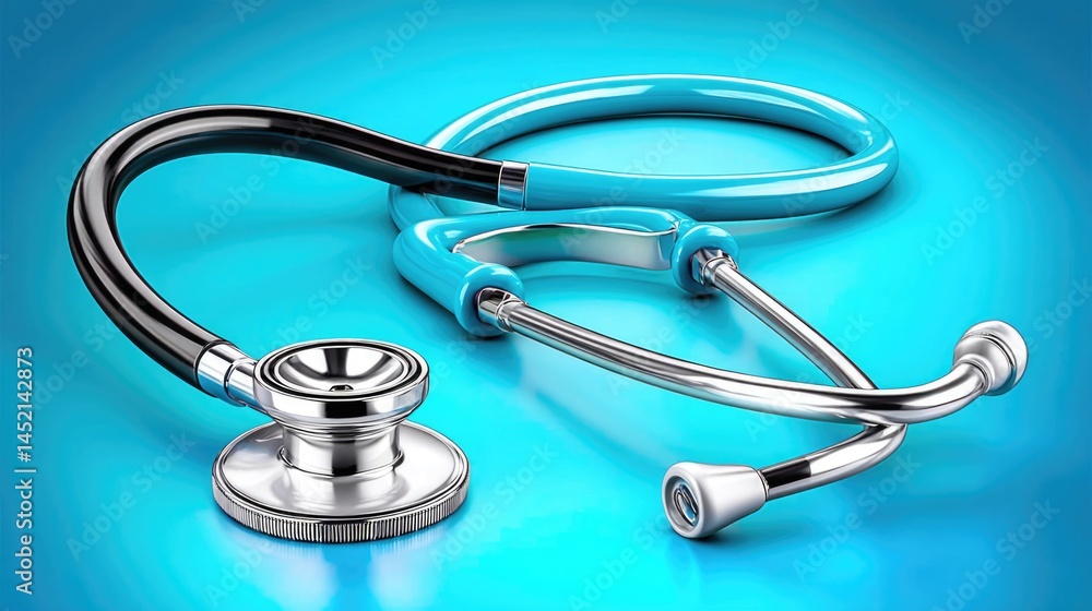 Stethoscope resting on a neutral background with a vibrant blue highlight expressing health and care themes Stethoscope resting on a neutral background with a vibrant blue highlight expressing health and care themes