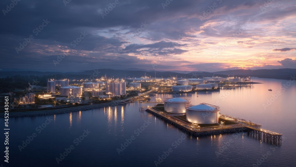 Illuminated Industrial Site Reflects at Twilight and Manufacturing and Storages in Night and Ocean Illuminated Industrial Site Reflects at Twilight and Manufacturing and Storages in Night and Ocean