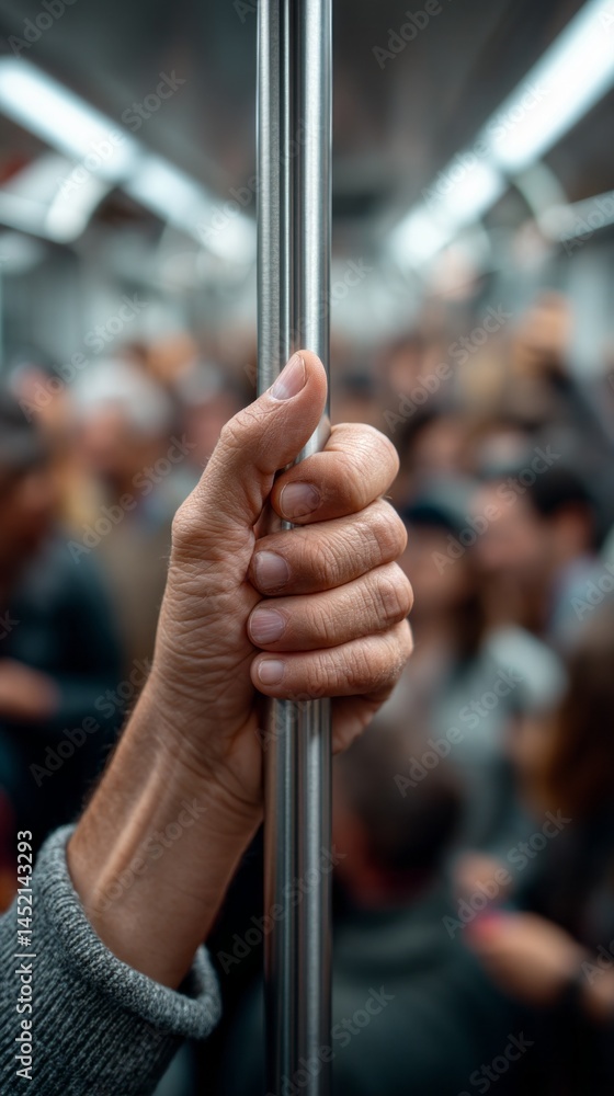 During a busy morning commute, a hand firmly holds onto a metal pole. The environment is filled with commuters, illustrating the rush of urban transportation During a busy morning commute, a hand firmly holds onto a metal pole. The environment is filled with commuters, illustrating the rush of urban transportation