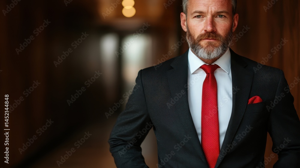 A serious man in a tailored suit with a striking red tie and matching pocket square stands in a corridor, exuding confidence and readiness for any challenge ahead. A serious man in a tailored suit with a striking red tie and matching pocket square stands in a corridor, exuding confidence and readiness for any challenge ahead.