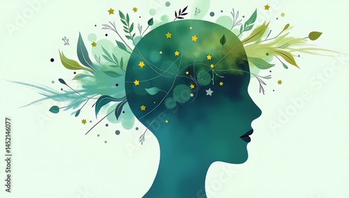 Womans Profile with Floral and Star Design Representing Mind and Creativity