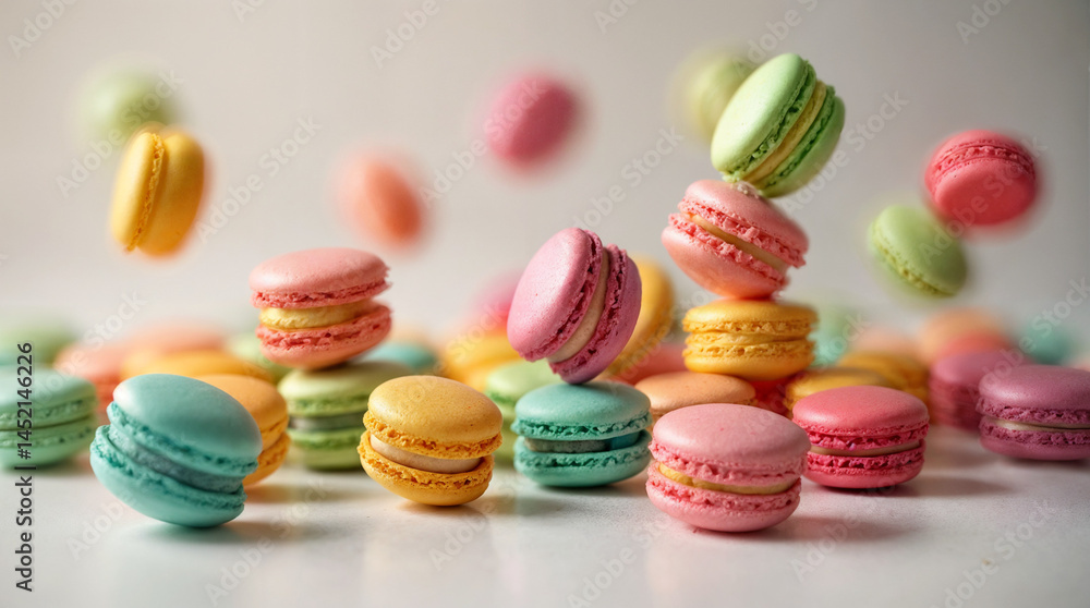 Obraz premium Colorful macarons cakes. Small French cakes. Sweet and colorful french macaroons falling or flying in motion.