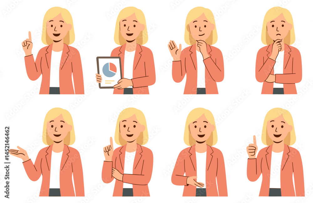 Diverse expressions portrayed by a business professional in a vector format, highlighting various professional gestures and poses Diverse expressions portrayed by a business professional in a vector format, highlighting various professional gestures and poses