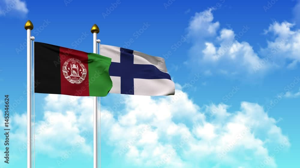 Waving flags of AFGHANISTAN and FINLAND on pole included with alpha channel Waving flags of AFGHANISTAN and FINLAND on pole included with alpha channel